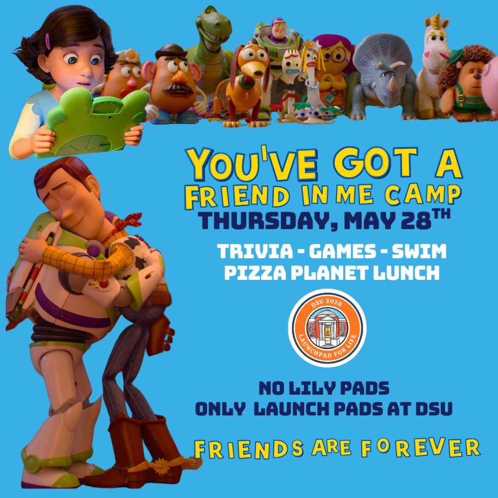 Bright kids' camp poster with toy figures announcing 'You've Got a Friend in Me Camp' and activities, on a blue background.